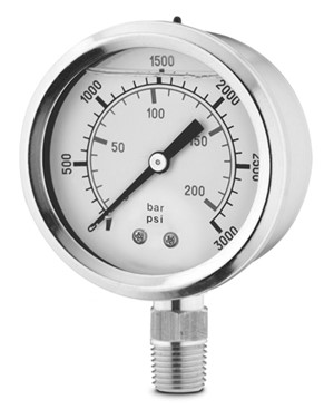 Pressure gauge with bar and PSI scales showing industrial measurement