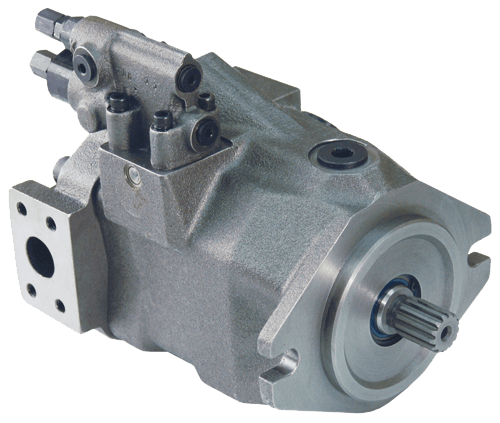Industrial hydraulic pump with multiple ports and metallic gray finish