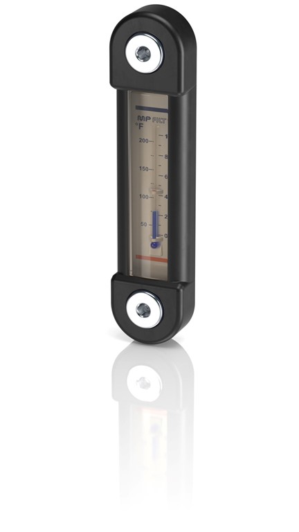 Industrial level indicator with measurement scale on black background