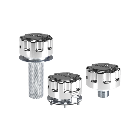 Three metallic industrial filters or hydraulic breather caps