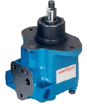 Blue industrial hydraulic pump with metal components and mounting flange