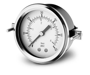 Metallic industrial pressure gauge with dual measurement scales